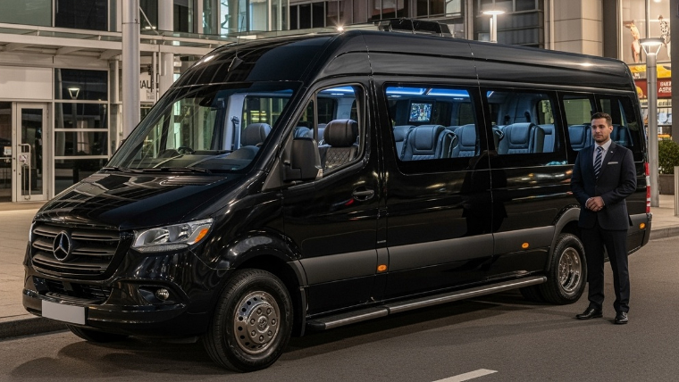 Professional Mercedes Sprinter staged outside South Florida convention center for corporate event
