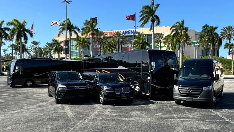 Larry's Limo fleet of vehicles from sedan to charter bus showing group transportation options in South Florida