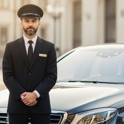 Professional chauffeur in formal attire standing beside a luxury sedan ready for wedding transportation service