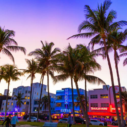Group leaving a South Florida restaurant to board a chauffeured luxury van for a night out